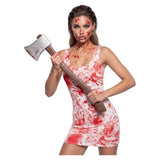 Women's Bloody Mary Costume — A pale long dress with dark red staining down the front and a torn, uneven hem.