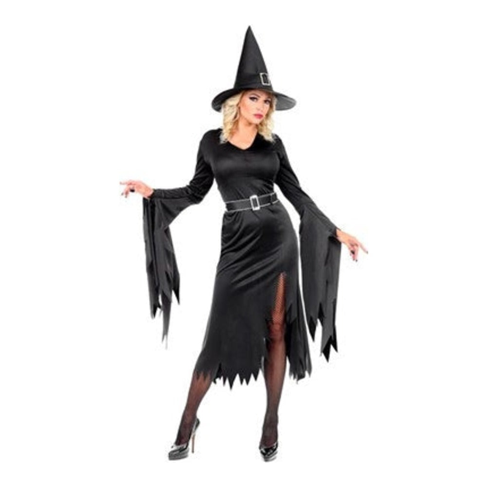 Women's Classic Witch Costume with long black dress, waist belt and pointed witch hat