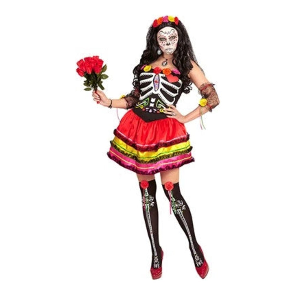 Women's Day of the Dead Señora Costume with tiered ruffle dress, fingerless gloves and skeleton thigh highs
