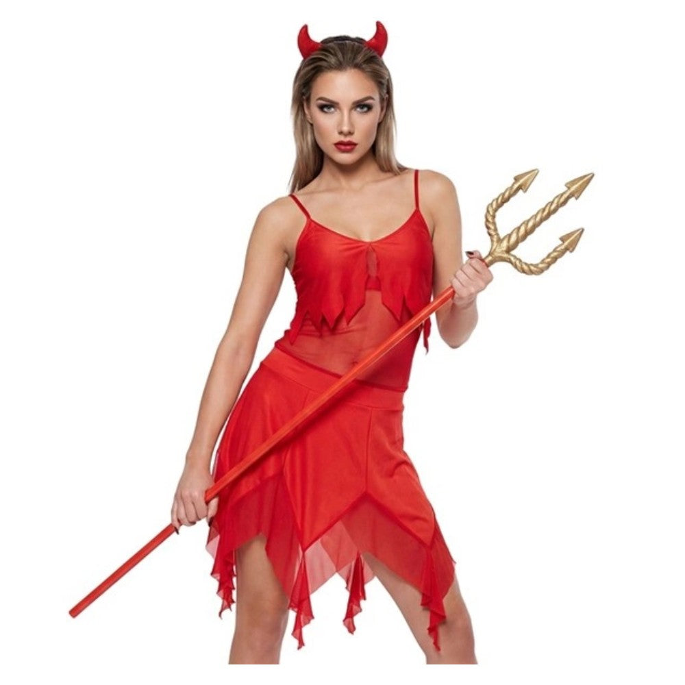 Women's Devil Costume — A red two-piece with a fitted top and a short skirt, sold with a pair of horns on a headband.