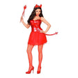 Women's Devil Girl Costume with red satin dress with tail, choker and horns headband