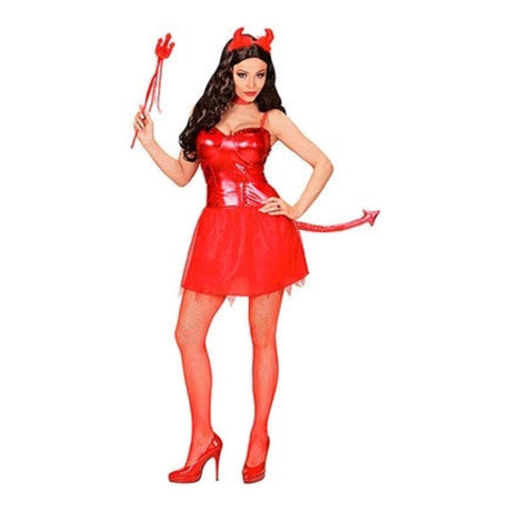 Women's Devil Girl Costume with red satin dress with tail, choker and horns headband