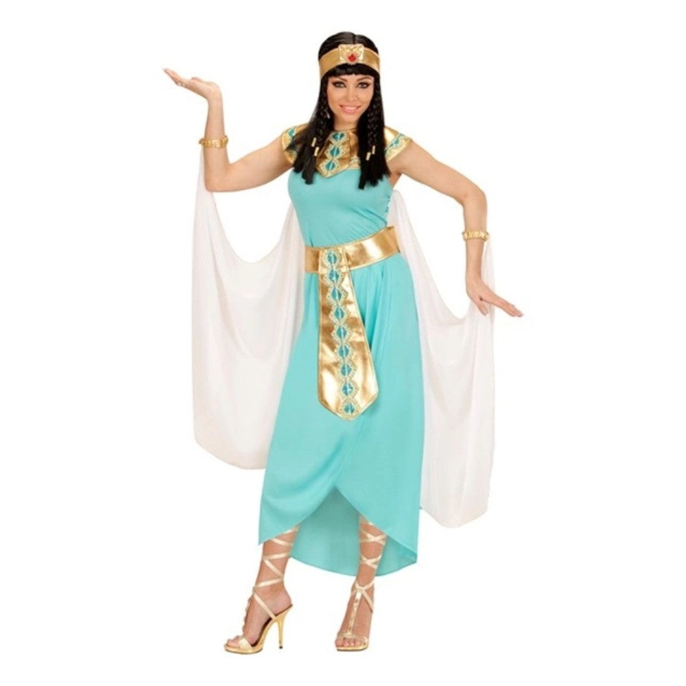 Women's Egyptian Queen Costume — A long white column dress with gold banding, worn with a wide gold collar, matching cuffs, a jewelle