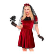 Women's Gothic Vampire Bride Costume with deep red velvet dress, black rose veil and lace gloves