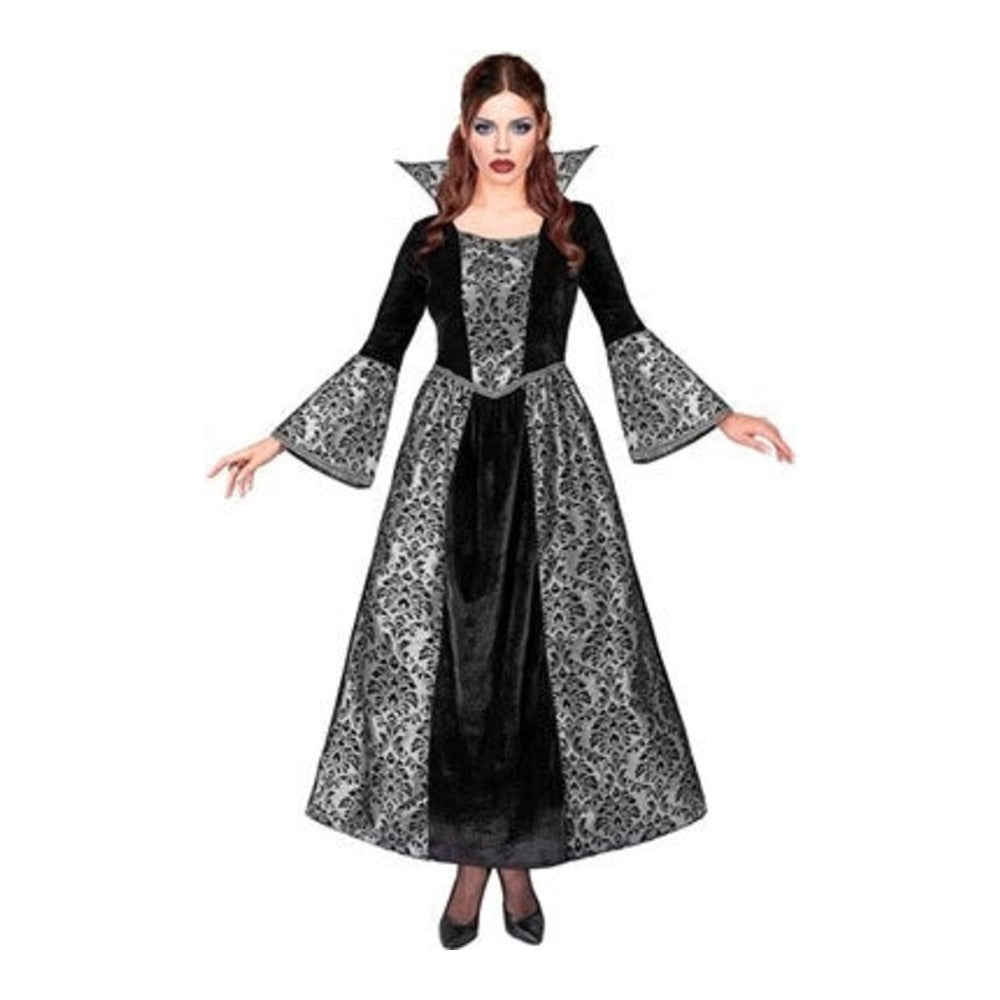 Women's Gothic Vampiress Costume with floor-length brocade gown and stand-up collar