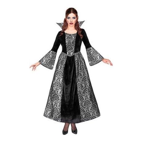 Women's Gothic Vampiress Costume with floor-length brocade gown and stand-up collar