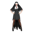 Women's Horror Nun Costume with black habit dress, tattered overskirt and nun headpiece with cross