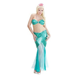 Women's Mermaid Costume — A long fishtail dress in green and blue scale print with a pearl necklace stitched to the neckline, 