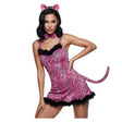 Women's Pink Leopard Costume — A short pink leopard-print dress with a stuffed tail sewn at the back, sold with a bow tie and a pai