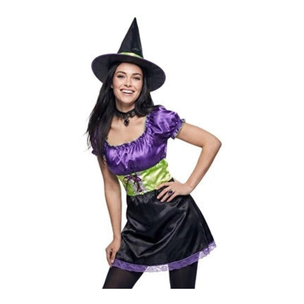 Women's Purple Witch Costume with purple and black dress and pointed witch hat