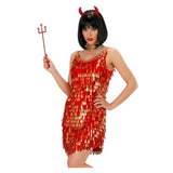 Women's Red and Gold Sequin Dress — A short fitted dress covered in red and gold sequins over a full polyester lining.