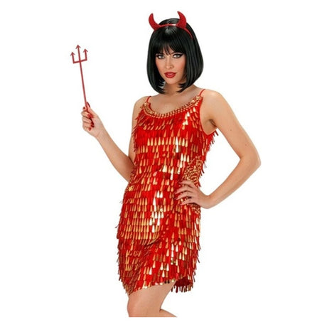 Women's Red and Gold Sequin Dress — A short fitted dress covered in red and gold sequins over a full polyester lining.