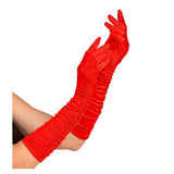 Women's Red Pleated Satin Gloves — A pair of red satin gloves, 44cm long, with a fine pleat running the length of the arm.