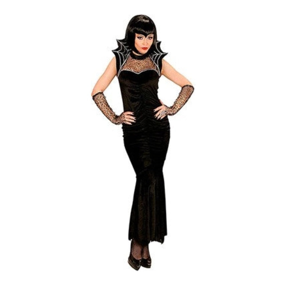 Women's Spiderella Costume with long black velvet dress, web collar and fingerless lace gloves