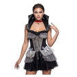Women's Gothic Vampiress Costume — A long black dress with a high stand-up collar and a ragged spiderweb capelet attached at the should