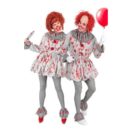 Women's Vintage Horror Clown Costume with blood-stained clown dress, neck ruff and shoe covers