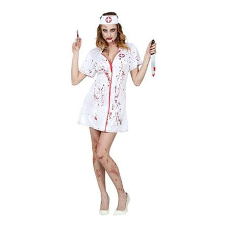 Women's Zombie Nurse Costume with blood-splattered nurse dress and nurse headpiece