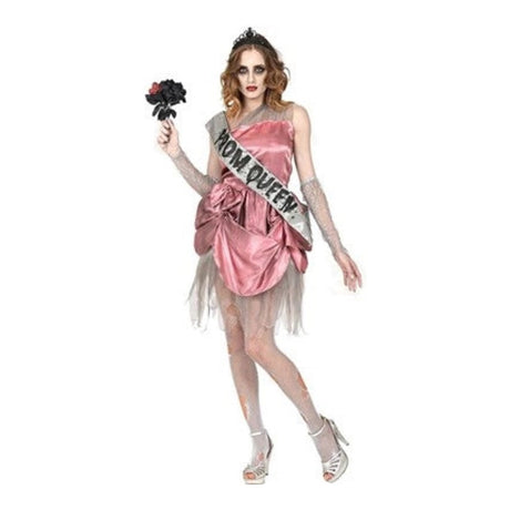 Women's Zombie Prom Queen Costume with tattered satin prom dress, fingerless gloves and tiara
